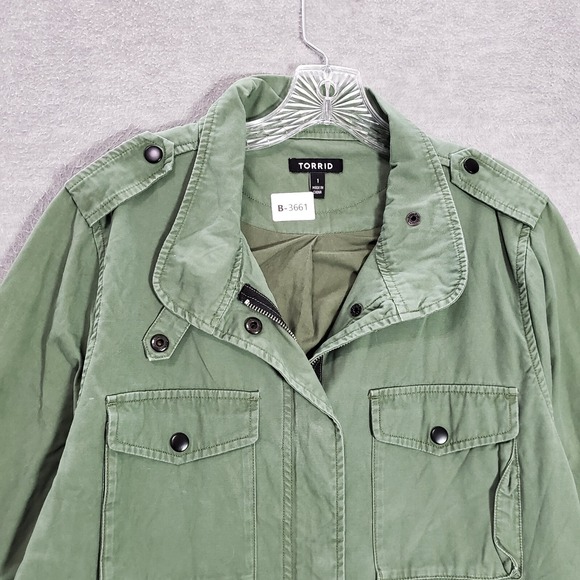TORRID Women Military Jacket 1 Green Utility Full Zip Long Sleeve Collar Pockets - Picture 3 of 9